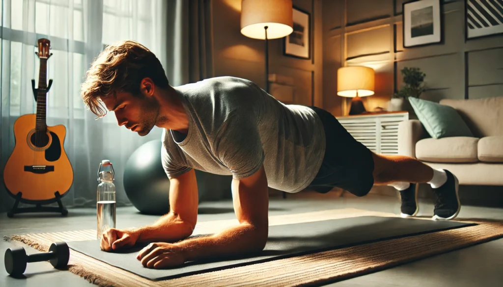 A man holding a strong forearm plank position in his home gym, engaging his core and abdominal muscles. The space features a yoga mat, a stability ball, and a water bottle, with soft lighting creating a focused workout atmosphere.