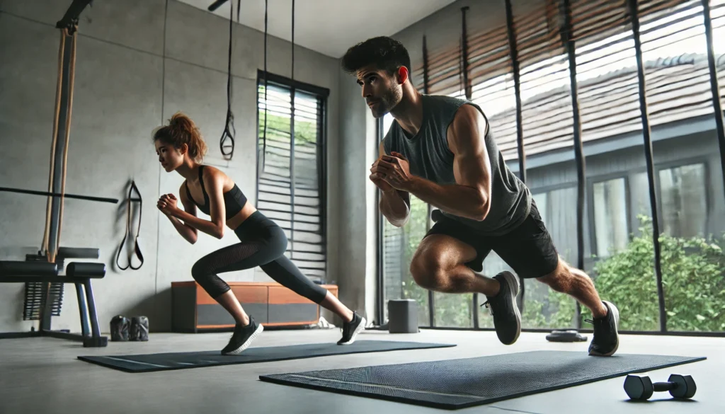 A fit man and woman engaging in an intense plank-to-jump exercise in a modern home gym. The space features a yoga mat, resistance bands, and minimalist décor with large windows adding a fresh, energetic atmosphere.