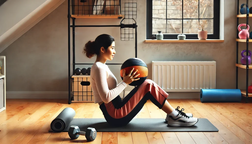 A woman performing Russian twists with a medicine ball on a yoga mat at home, twisting her torso side to side to engage her core and burn belly fat. The home setting includes a dumbbell rack, a foam roller, and a bright window.