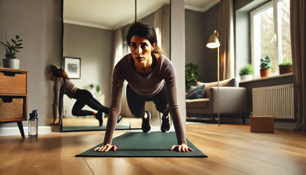 A determined woman performing mountain climbers on a yoga mat during an intense home cardio workout. The room has a minimalist design, with a large mirror reflecting her movements.