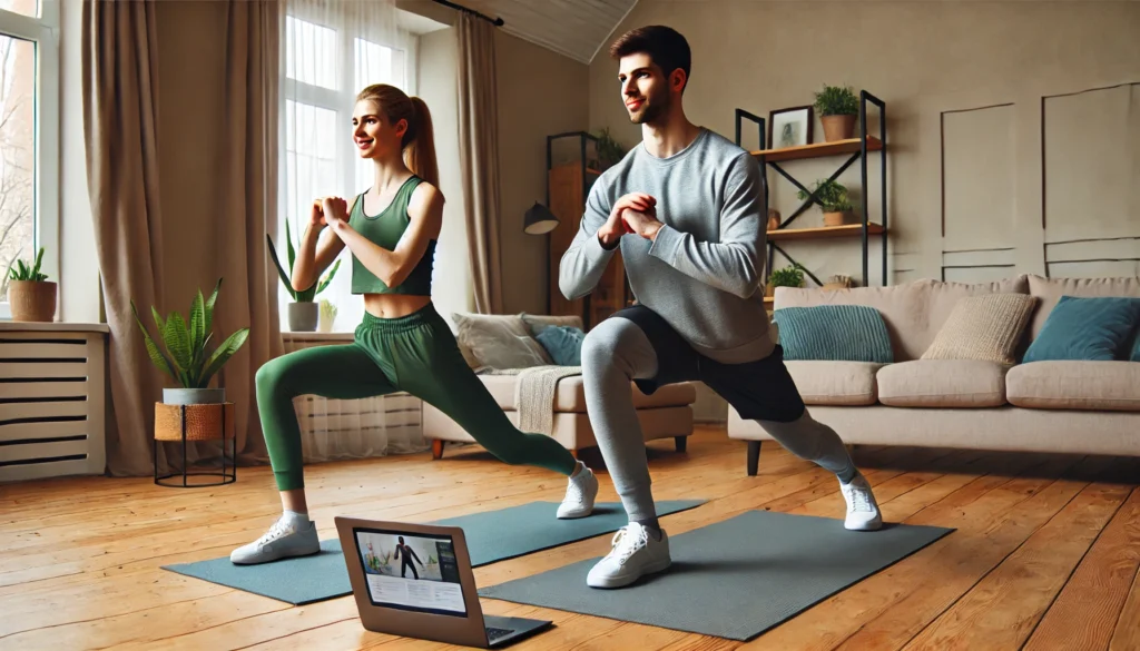 A young couple exercising together in their living room, performing synchronized lunges while following a fitness video on a laptop. The room is cozy, decorated with plants and soft lighting.