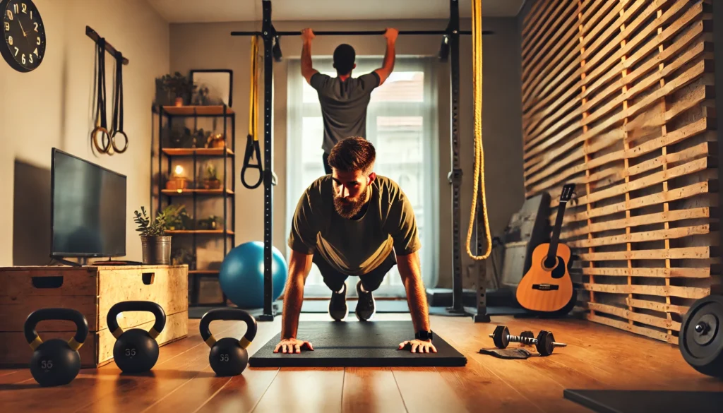 A man doing push-ups on a mat in his cozy home gym, surrounded by resistance bands, kettlebells, and a pull-up bar. The room has wooden flooring and warm lighting, creating an inviting workout space.