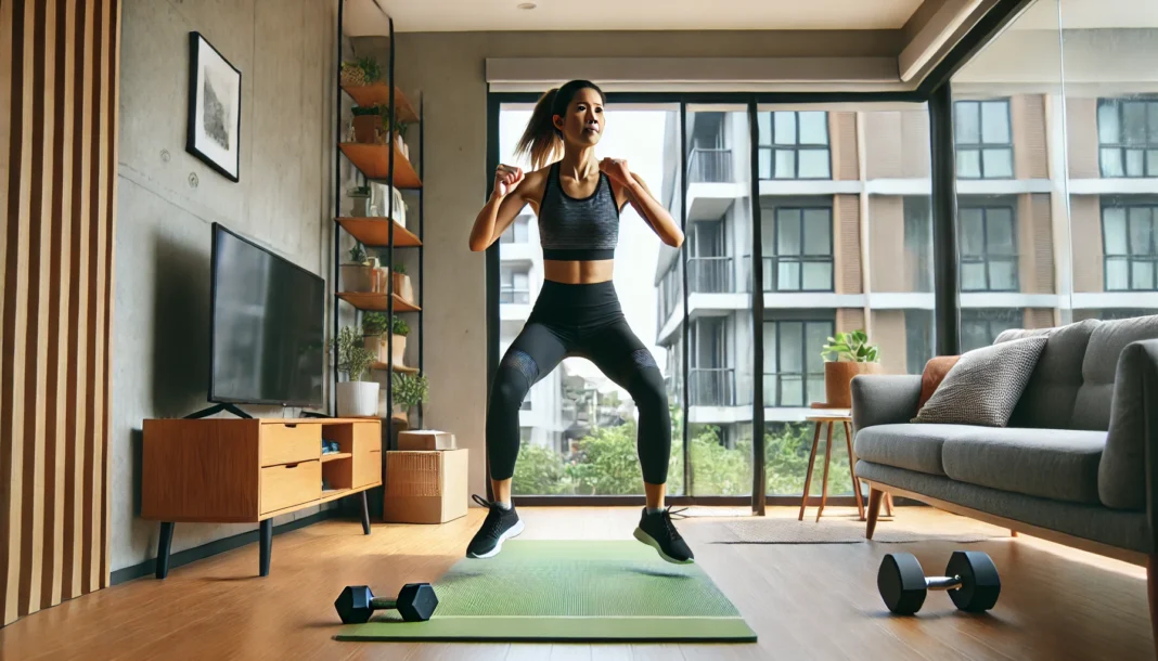 A fit woman performing a squat jump in a modern living room during a high-intensity interval training (HIIT) workout. A yoga mat and dumbbells are nearby, with natural light streaming in from a large window.