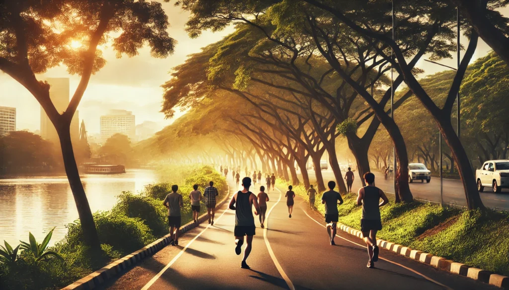 A scenic riverside trail where individuals are engaging in light jogging and brisk walking, surrounded by trees and golden sunlight reflecting on the water, emphasizing active recovery.