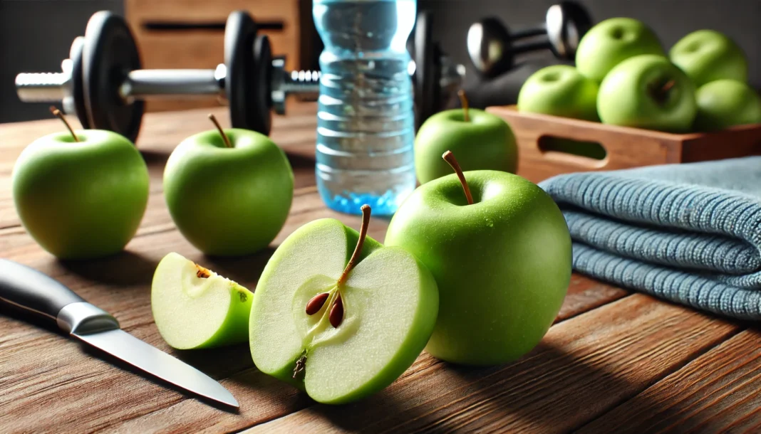 A close-up of fresh green apples on a wooden kitchen counter, with one sliced open, accompanied by a water bottle and dumbbells in the background, highlighting green apples as a pre-workout snack.