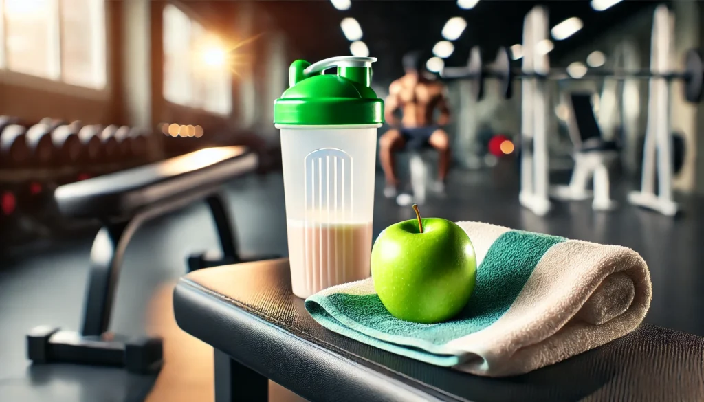 A vibrant gym scene featuring a green apple on a workout bench next to a protein shaker bottle and a towel, with a blurred gym background emphasizing an energy-boosting pre-workout choice.