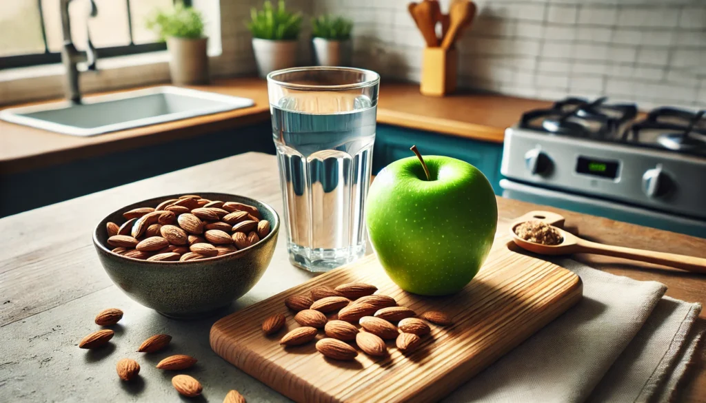 A nutritious pre-workout snack setup on a kitchen counter, including a green apple, a handful of almonds, and a glass of water, captured in bright natural lighting to highlight a balanced and energizing meal before exercise.