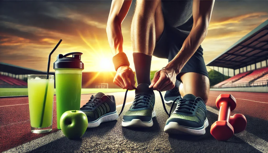 A dynamic pre-workout setting on a track field, featuring a person tying their running shoes with a green apple and a sports drink placed nearby, symbolizing energy and preparation for a workout.