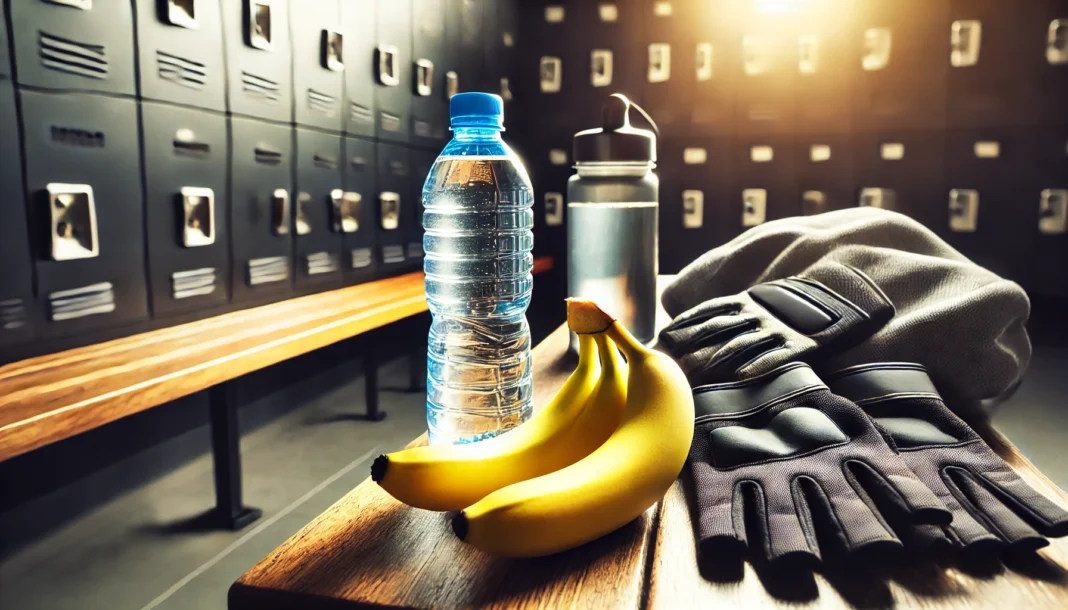 A pre-workout scene in a gym locker room featuring a banana placed on a bench next to a water bottle and workout gloves, illuminated by bright and motivating lighting.