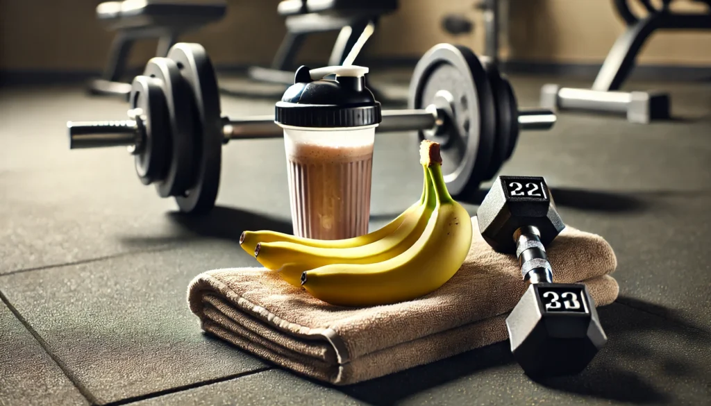 A post-workout recovery setting on a gym floor, showing a banana on a gym towel alongside a protein shake and dumbbells, emphasizing replenishment and muscle recovery.