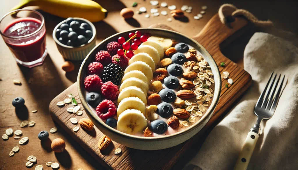 A close-up of a sliced banana in a smoothie bowl with berries, nuts, and oats, set on a wooden kitchen counter with natural lighting, highlighting a balanced post-workout meal.