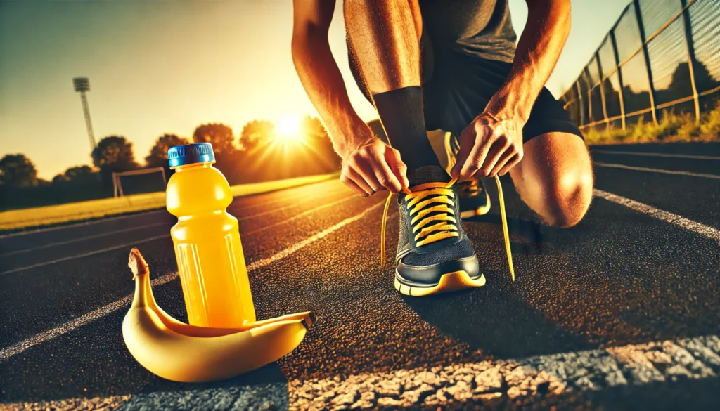 A runner tying their shoelaces on a track, with a banana and a sports drink nearby under the golden morning sunlight, symbolizing pre-workout fuel for endurance and energy.