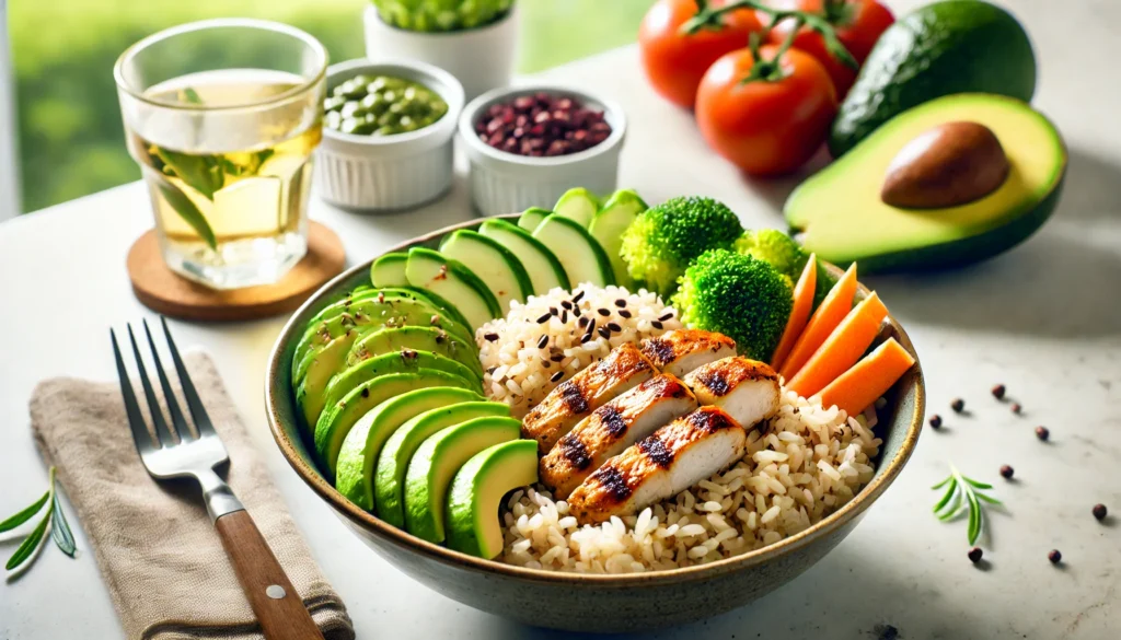 A nutritious fast-food meal with a bowl of brown rice, grilled chicken, steamed vegetables, and avocado slices, placed in a bright and fresh restaurant setting, highlighting a post-workout recovery option.