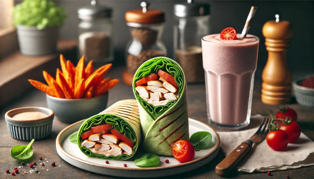 A healthy fast-food wrap filled with grilled turkey, fresh greens, tomatoes, and light dressing, served with sweet potato fries and a protein smoothie in a stylish casual dining environment.