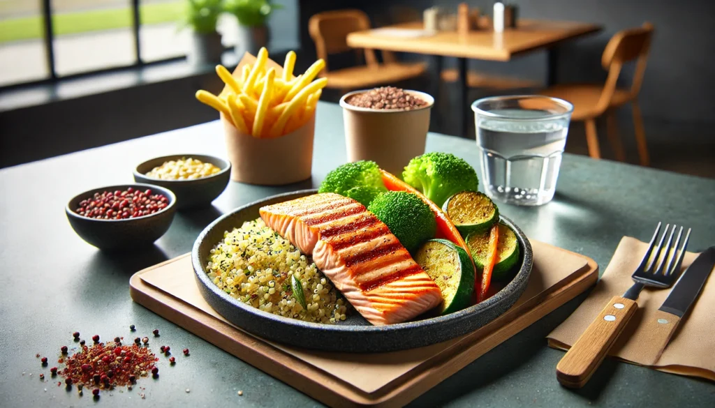 A high-protein fast-food dish featuring a grilled salmon fillet with quinoa and roasted vegetables, presented in a modern, well-lit fast-casual dining space, focusing on a well-balanced post-workout meal.