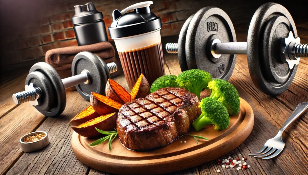 A high-protein bodybuilding meal featuring a grilled steak with roasted sweet potatoes and steamed broccoli, served on a wooden table with a shaker bottle and dumbbells in the background, emphasizing muscle-building nutrition.