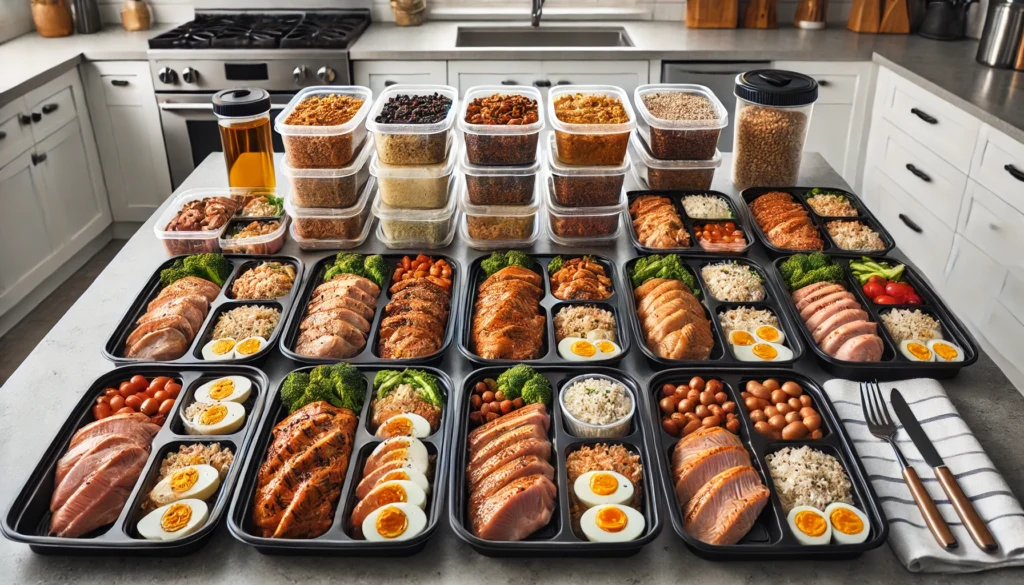 A bodybuilding meal prep setup with multiple containers filled with lean proteins like grilled chicken, salmon, and boiled eggs, along with complex carbs like quinoa and brown rice, arranged on a kitchen counter for a structured diet plan.