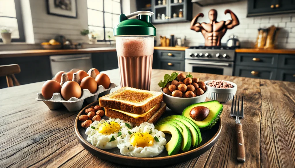 A power-packed bodybuilding breakfast consisting of scrambled eggs, whole wheat toast, avocado slices, and a protein shake, set on a wooden dining table in a modern kitchen, symbolizing a nutritious start for muscle growth.