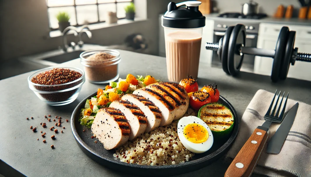 A bodybuilding meal featuring a grilled chicken breast with a side of quinoa, roasted vegetables, and a boiled egg. The dish is presented on a modern kitchen countertop with a protein shake and a dumbbell in the background, emphasizing a balanced meal for muscle growth and recovery.