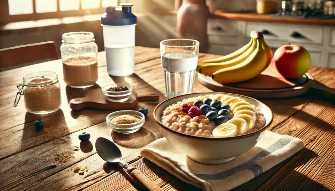 A nutritious pre-workout breakfast featuring a bowl of oatmeal topped with bananas, berries, and honey, served with a glass of water and a protein shake on a wooden kitchen table bathed in natural morning sunlight.