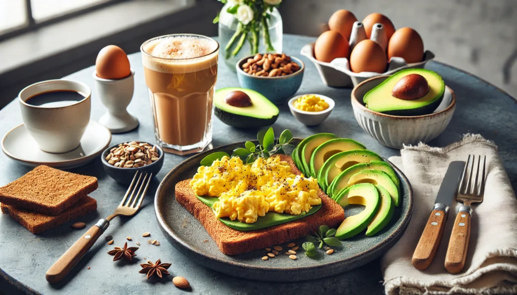 A high-protein pre-workout breakfast consisting of scrambled eggs, whole wheat toast, and avocado slices, paired with a smoothie and a cup of coffee on a modern dining table, providing sustained energy for exercise.