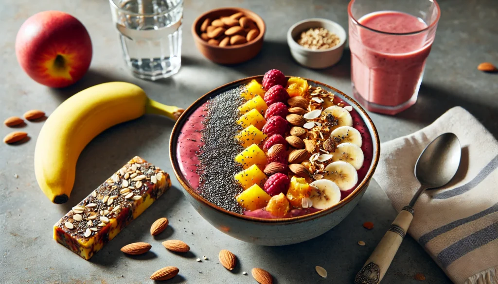 A pre-workout smoothie bowl filled with blended fruits and topped with chia seeds, almonds, and granola, placed on a kitchen counter with a banana, protein bar, and a glass of water for optimal performance.