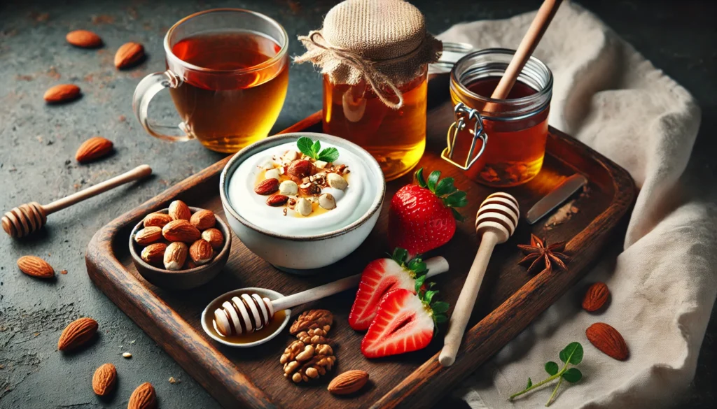 A balanced pre-workout breakfast featuring Greek yogurt with honey, a handful of nuts, and sliced strawberries, arranged on a stylish wooden tray with a cup of herbal tea and a bottle of water, representing a light yet effective fuel option before training.