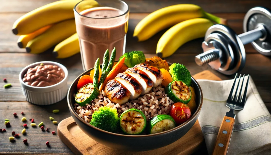 A post-workout meal featuring a bowl of brown rice with grilled chicken and steamed vegetables, placed on a wooden kitchen counter with a protein shake and banana nearby, highlighting carbohydrate-driven muscle recovery.