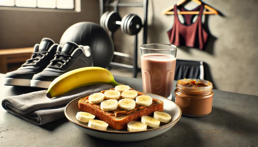 A post-workout snack setup with whole grain toast topped with peanut butter and banana slices, accompanied by a glass of chocolate milk on a modern kitchen counter, symbolizing fast-absorbing carbs for recovery.