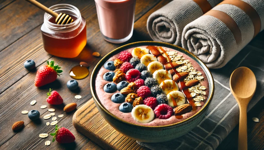 A post-workout smoothie bowl filled with blended fruits, oats, and topped with nuts and honey, placed on a wooden countertop with a protein shake and a gym towel beside it, emphasizing high-carb recovery for strength gains.