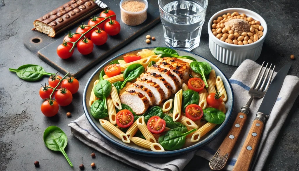 A high-carb post-workout meal featuring a plate of whole wheat pasta with grilled chicken, cherry tomatoes, and spinach. The dish is placed on a modern kitchen counter with a glass of water and a protein bar nearby, emphasizing carbohydrates for muscle recovery and strength building.