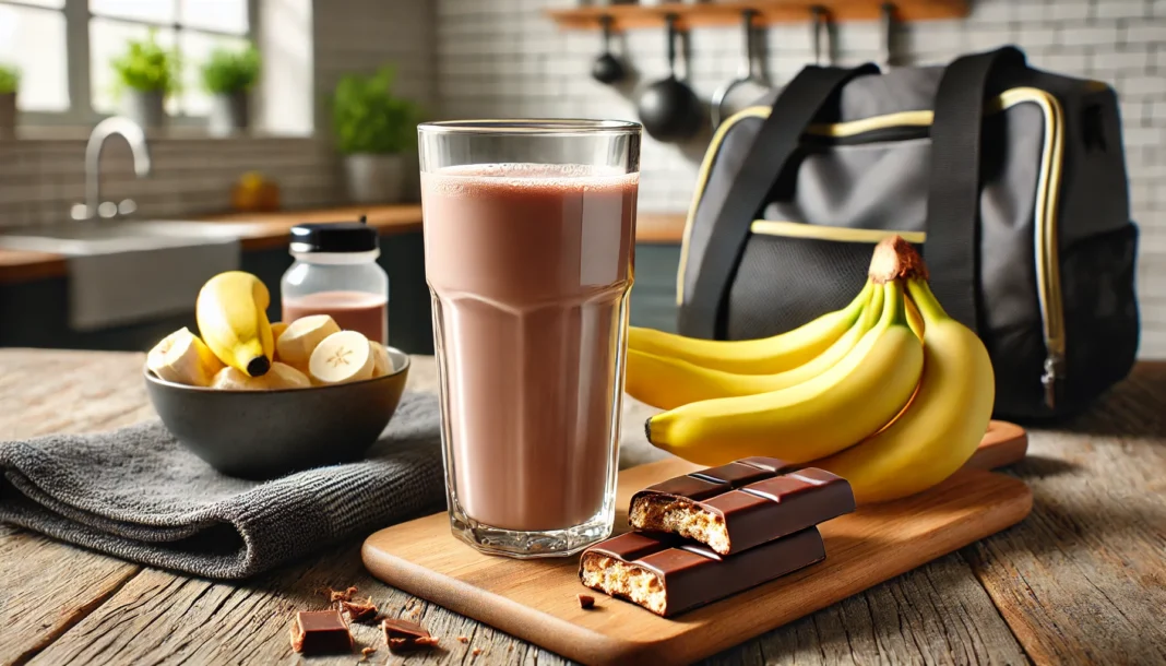 A tall glass of chocolate milk placed on a wooden kitchen counter alongside a plate of bananas and a protein bar, with a blurred gym bag and towel in the background, symbolizing its role in post-workout recovery.