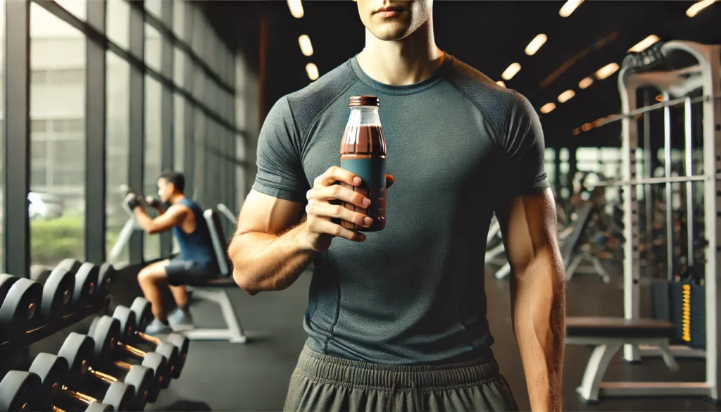 A fit athlete in a gym holding a bottle of chocolate milk, taking a sip after an intense workout, with a slightly blurred gym environment emphasizing the drink as a post-exercise recovery option.