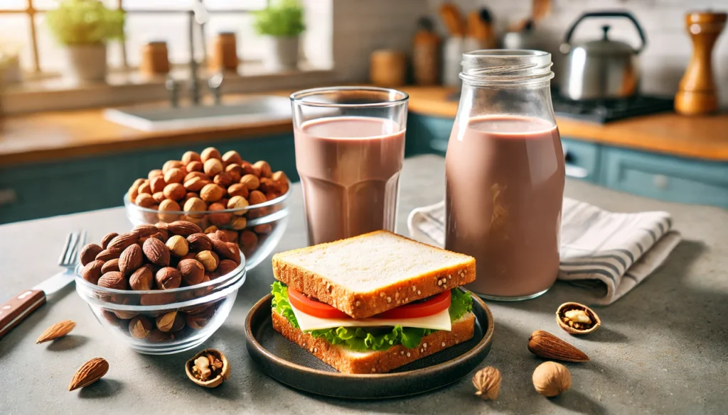 A post-workout meal setup featuring a glass of chocolate milk, a small bowl of mixed nuts, and a protein-rich sandwich on a well-lit kitchen counter, highlighting the balance of carbohydrates and protein for muscle recovery.