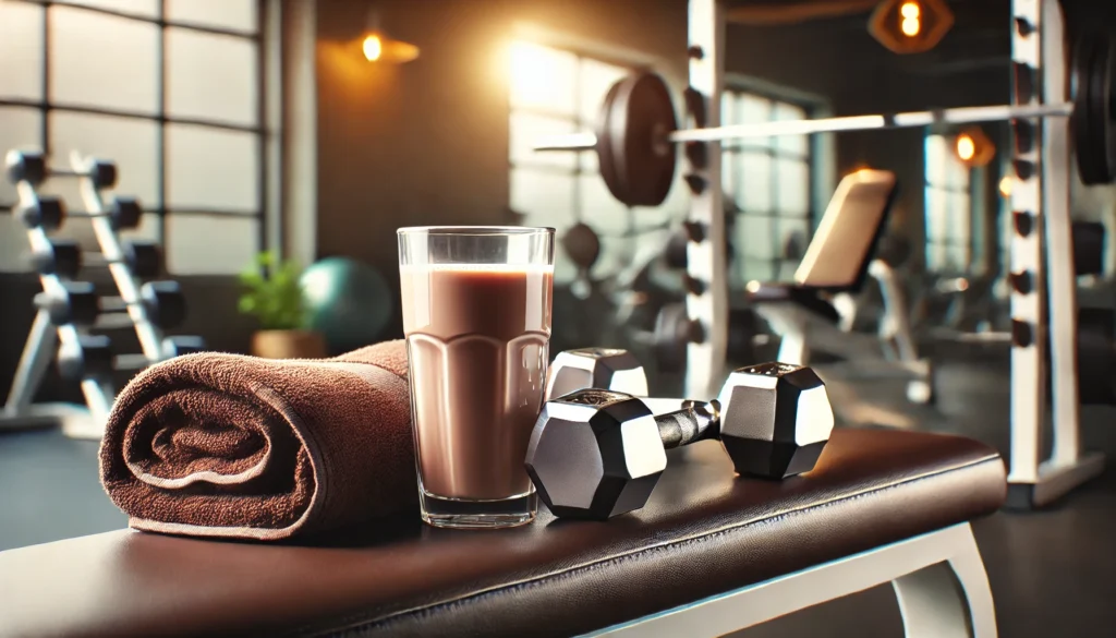 A recovery-focused scene with a glass of chocolate milk placed next to a pair of dumbbells and a towel on a gym bench, with a softly lit gym background reinforcing its role in muscle recovery and hydration.