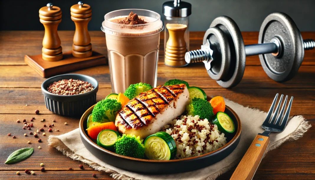 A post-workout recovery meal featuring a grilled chicken breast with quinoa and steamed vegetables, served on a wooden kitchen counter with a protein shake and a pair of dumbbells nearby, symbolizing protein’s role in muscle recovery.