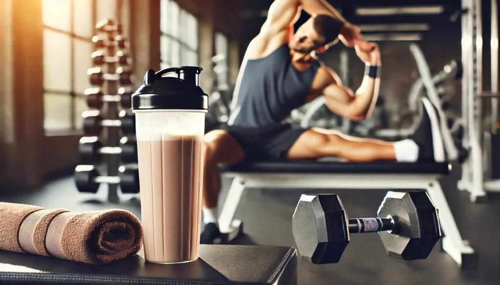 A gym setting with a protein shake placed on a workout bench alongside a towel and a pair of dumbbells, while in the blurred background, a person stretches their sore muscles after a workout, highlighting protein’s role in pain reduction.