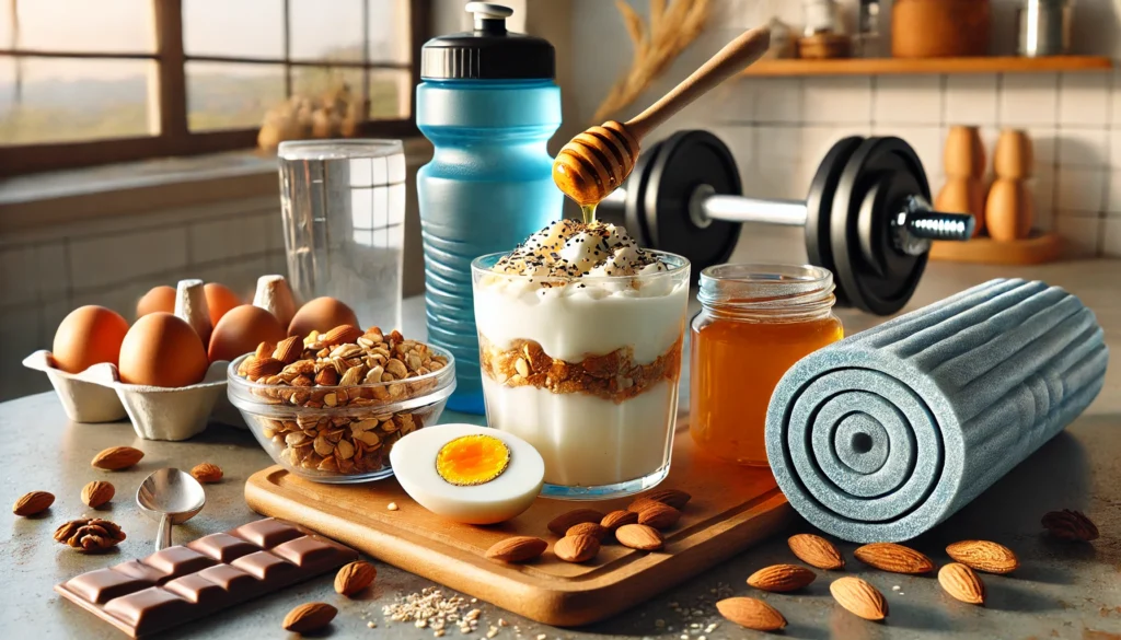 A high-protein post-workout snack setup including Greek yogurt with honey and nuts, a boiled egg, and a protein bar on a kitchen counter, with a water bottle and a foam roller nearby, representing muscle recovery and soreness relief.