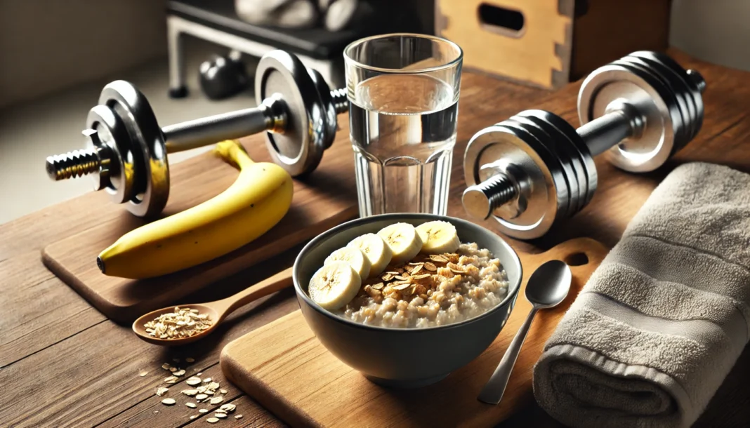 A pre-workout meal featuring a bowl of oatmeal with sliced bananas and a glass of water on a wooden kitchen counter, with workout gear including a towel and dumbbells in the background, symbolizing meal timing for weight loss and energy.