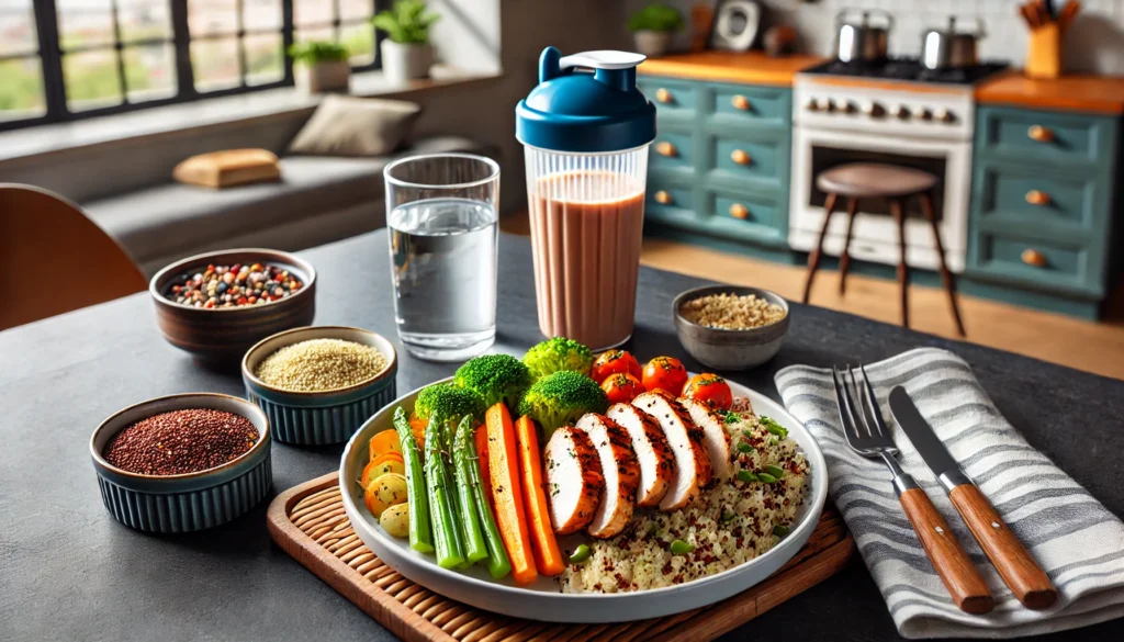 A post-workout recovery meal featuring a plate of grilled chicken with quinoa and steamed vegetables, placed on a modern kitchen table with a protein shake and water bottle nearby, emphasizing refueling for muscle recovery and weight loss.