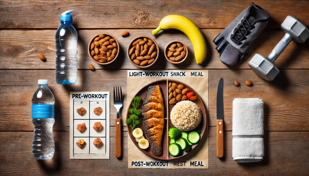 A comparison meal setup on a wooden table displaying two plates of food: one with a light pre-workout snack of a banana and almonds, and the other with a post-workout meal of grilled fish, brown rice, and vegetables. A water bottle and workout gloves are nearby, symbolizing the science of meal timing for weight loss.