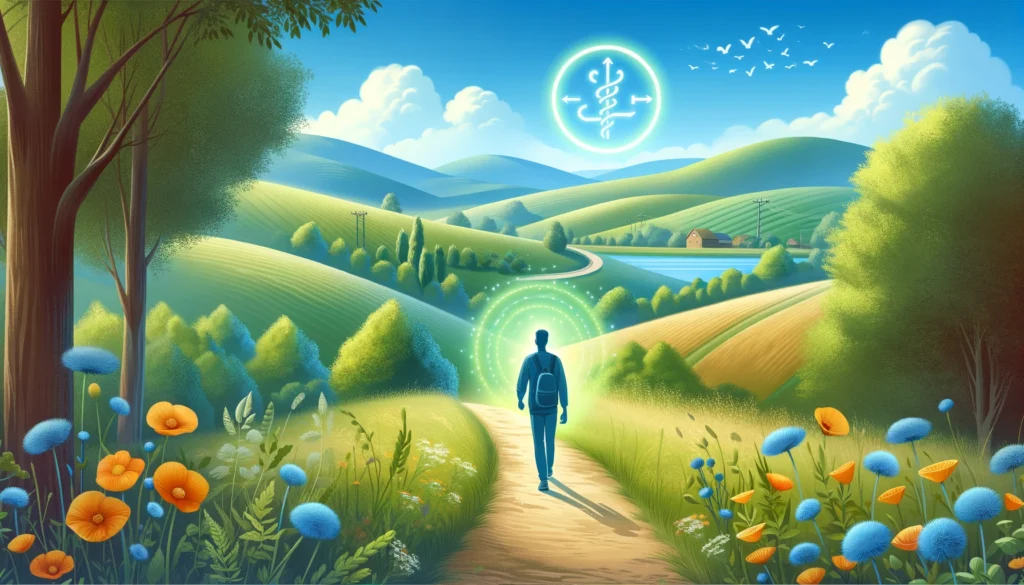 A peaceful countryside scene showing a person walking along a dirt path with rolling hills and wildflowers after eating, radiating energy and digestive well-being.