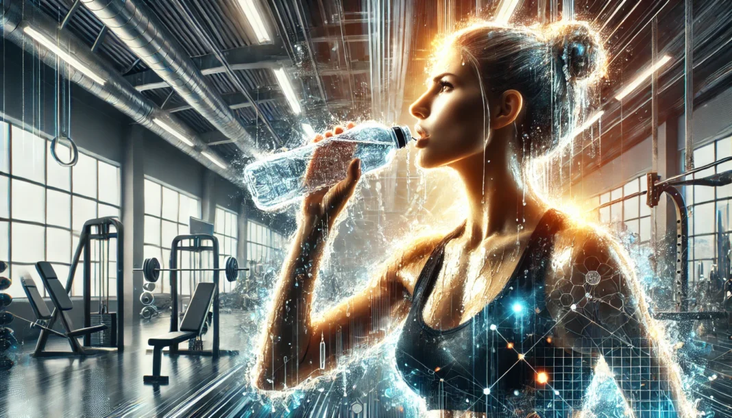 A high-energy digital illustration of a person drinking water during an intense gym workout, with sweat and a clear water bottle highlighted for hydration benefits.