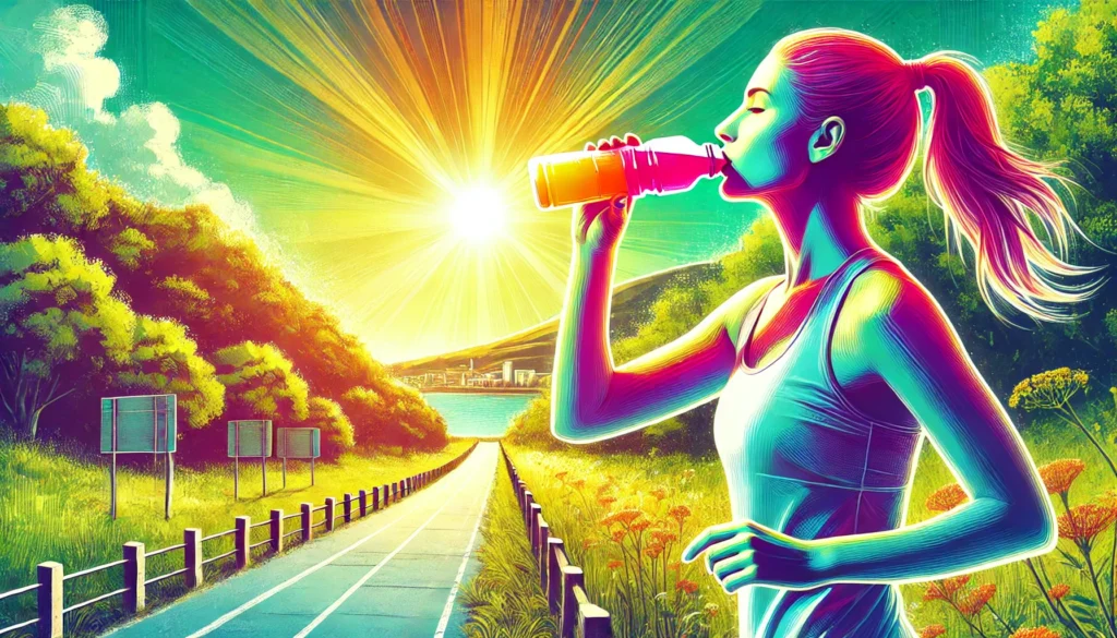 A vibrant digital painting of a runner sipping an electrolyte drink while jogging on a sunny outdoor trail, with a colorful beverage symbolizing hydration and performance.