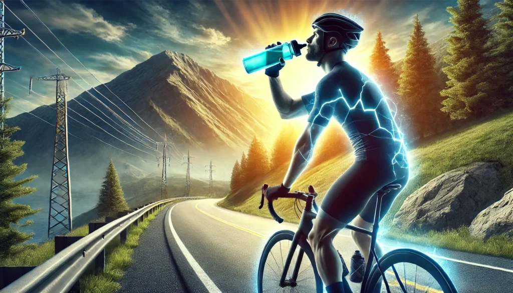 A realistic sports-themed image of a cyclist pausing on a scenic mountain road to drink from a sports hydration bottle, with a glowing effect symbolizing electrolytes.