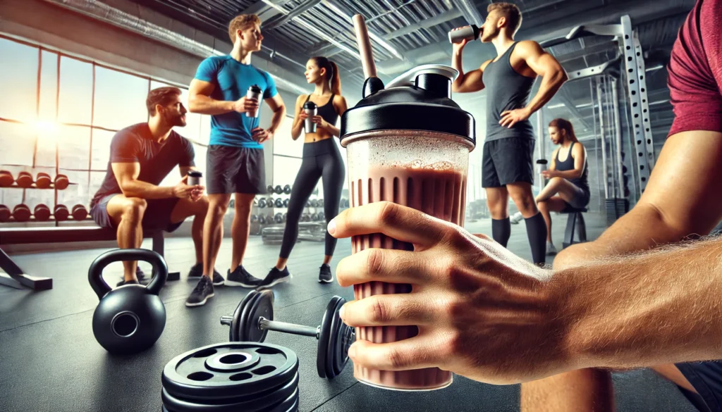 A dynamic fitness scene of a group of athletes taking a break in a modern gym to drink protein shakes, symbolizing muscle recovery and hydration.