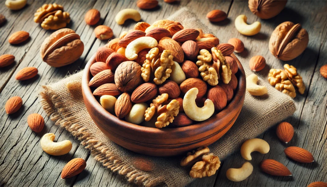 A realistic close-up of a bowl filled with fresh almonds, walnuts, and cashews on a rustic wooden table, symbolizing nutrient-rich post-workout snacks for muscle recovery.