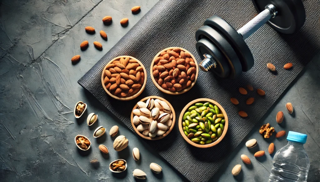 A fitness-inspired composition featuring protein-rich nuts like almonds, pistachios, and peanuts in small bowls, arranged next to a dumbbell on a gym mat, highlighting the connection between nutrition and exercise recovery.