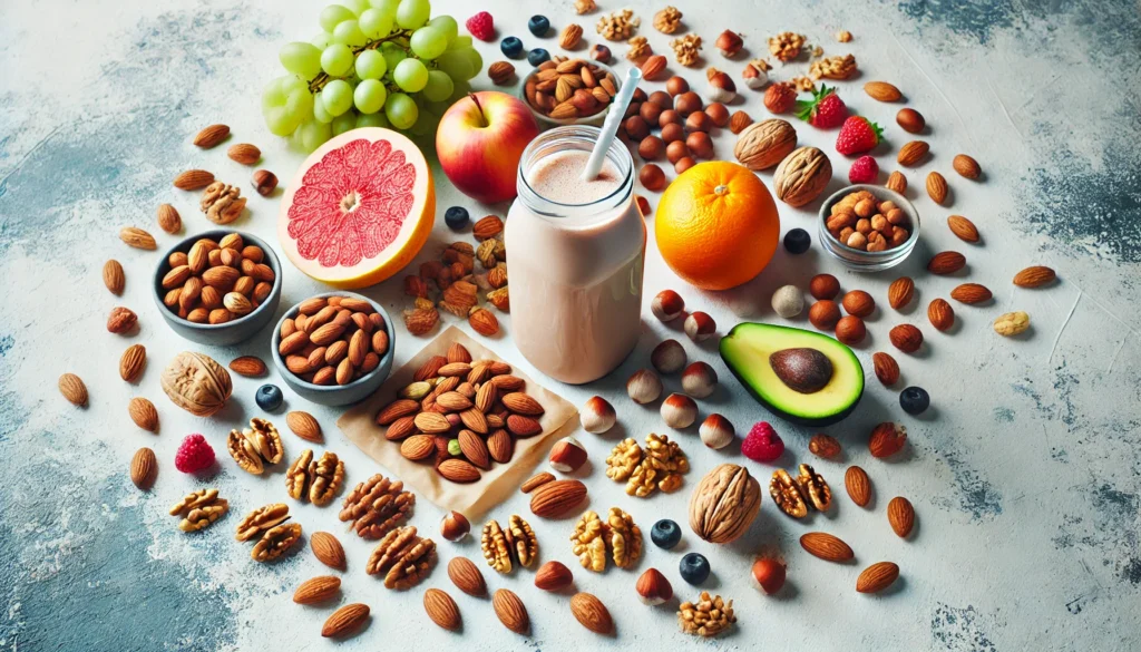 A vibrant health-focused flat lay of various nuts such as almonds, walnuts, and hazelnuts scattered on a white surface, with fresh fruit and a protein shake nearby, showcasing a balanced post-workout diet.