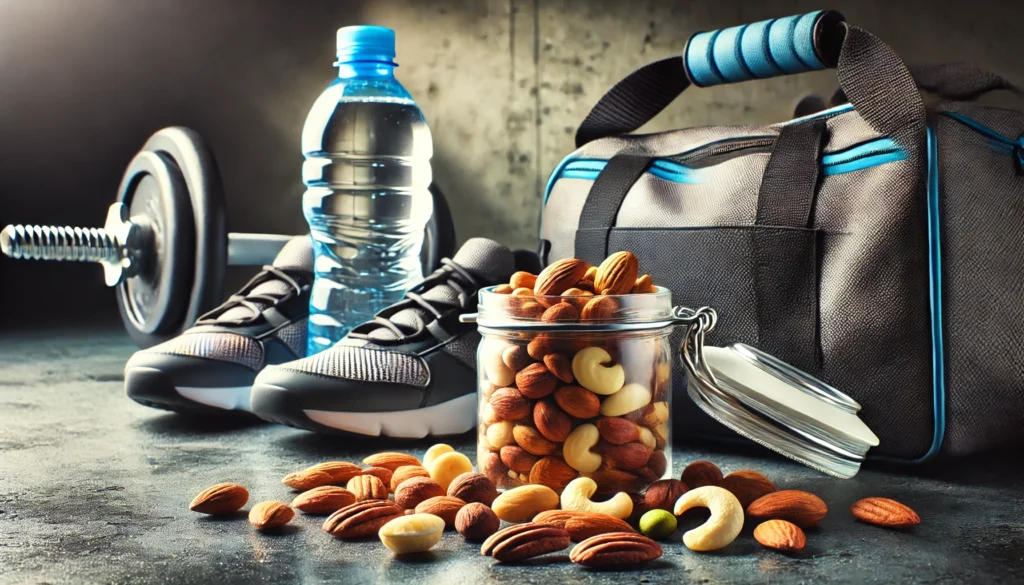 A high-energy sports nutrition concept featuring a gym bag with a small container of mixed nuts, including almonds, cashews, and pecans, next to a water bottle, representing quick, nutrient-dense post-workout recovery snacks.